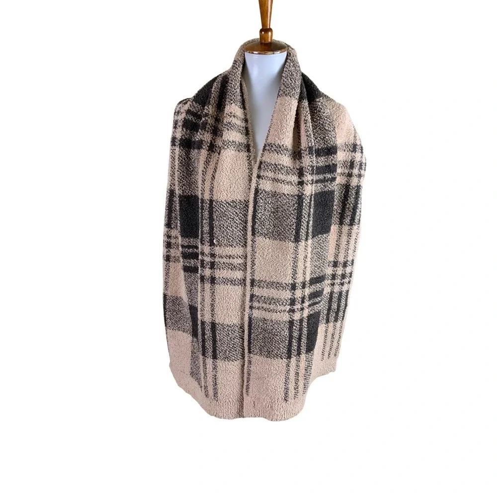 Barefoot Dreams CozyChic Plaid Oversized Scarf Wrap Beige Brown
